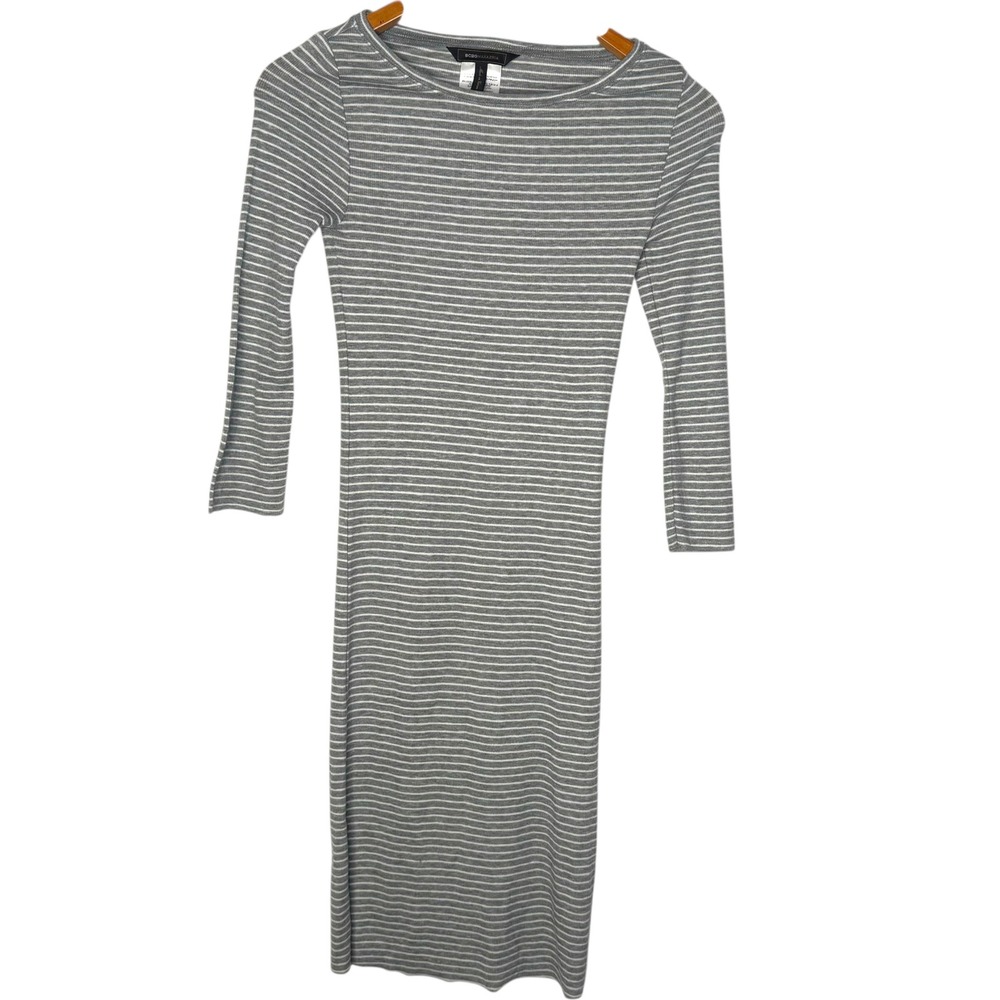 Gray Striped Knit Bodycon Dress 3/4 Sleeve Raw Edge Hem Casual Goth BCBG XS